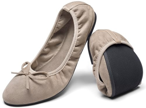 Greatonu Women's Ballet Pumps Comfort Foldable Portable Travel Slip on Slipper Bow Tie Flats Shoes Beige 5 UK