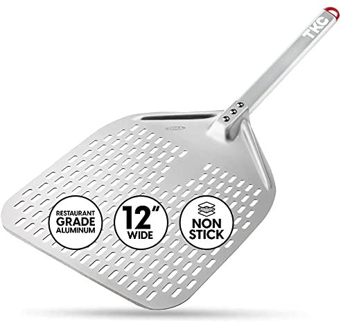 TKC Perforierter Pizzaschieber, 30,5 cm, langer Griff, perforiertes Aluminium-Pizzaschieber – leichter Pizzaschieber – kompatibel mit allen Ooni Pizzaöfen – 66 cm Gesamtlänge (Silber/Grau)