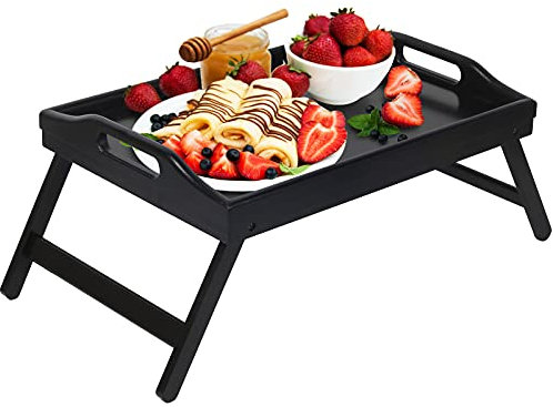 Plateau de lit pliable avec poignées pour petit-déjeuner, nourriture, table pour canapé, table à dessin, plateaux de service en bambou pour ordinateur portable, plateau à goûter, noir, format moyen