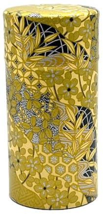 野口熊太郎茶園 Japanese Tea Canister Tin Golden Pattern/Double Lid/Japanese Washi Paper Pasted /200g Tea Capacity/Loose Leaf Tea Storage/Storage Container with Lid