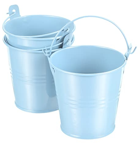 PATIKIL 3 Height Mini Metal Bucket, 3 Pack Colorful Metal Succulents Pot Party Decorative Pails with Handles for Small Succulents, Light Blue