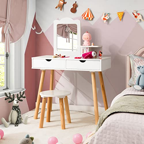 COSTWAY Kids Vanity Table and Stool Set, 2-in-1 Princess Makeup Dressing Tables with Mirror, Drawers & Storage Shelf, Wooden Children Study Desk for Toddlers (White)