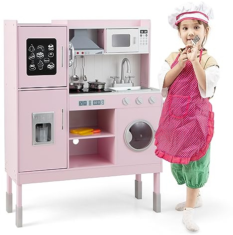RELAX4LIFE Cucina Giocattolo in Legno per Bambini, Mini Cucina con Luci e Suoni Reali, Altezza Regolabile 97/101/103cm, Set di Cucina per Bambini 3-8 Anni (Lussuosa)