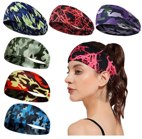 AYNKH Sport-Stirnbänder für Männer und Frauen, 6 Stück, elastisch, breit, athletische Haarbänder, feuchtigkeitsableitend, schweißabsorbierend, rutschfest, schnell trocknend, für Yoga, Laufen,