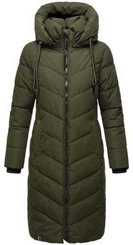 Navahoo Damen Wintermantel Warmer Langer Steppmantel mit Abnehmbarer Kapuze Sahnekatzii XIV Dark Olive Gr. L