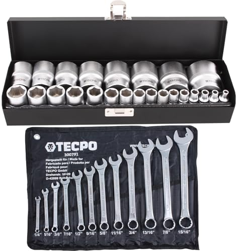 TECPO Zoll Steckschlüssel-Satz, 1/4, 1/2, 24-teilig + Maul-Ringschlüssel-Satz, 12-teilig, Chrom-Vanadium-Stahl, passend für britische & US-Fahrzeuge, Steckschlüssel-Einsatz, Ring-Maulschlüssel-Set