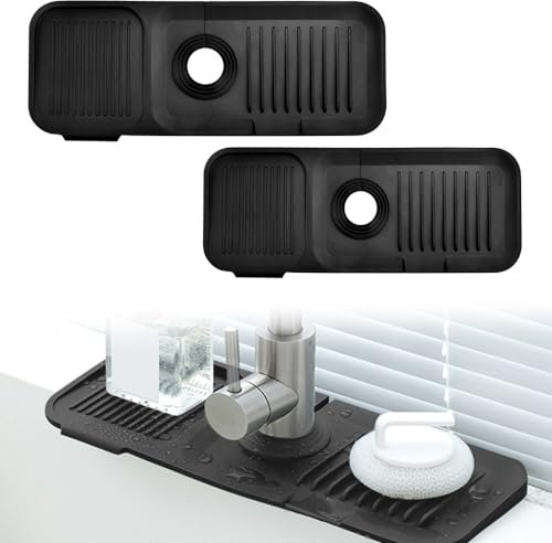 ADERTOS 2 Stücke Wasserhahn Matte Trockenmatte Silikon Wasserhahn Abtropfmatte 44.5 * 14cm /36.5 * 14cm Spritzschutz für Spülbecken Schwarz Wasserhahn Ablaufmatte für Küche, Badezimmer