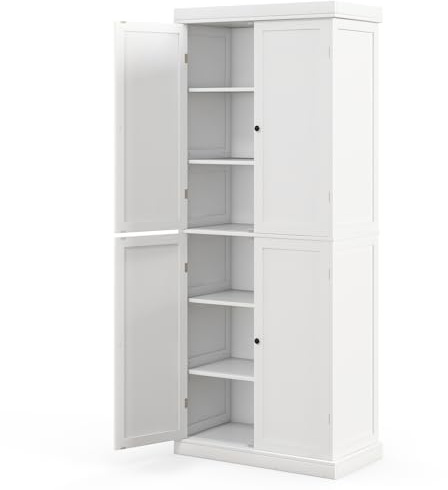 GiantexUK Tall Kitchen Cupboard, Pantry Storage Cabinet with 4 Doors, Adjustable Shelves & Anti-Tipping Device, Freestanding Kitchen Sideboard Units for Dining Living Room (White, 76x40x184cm)