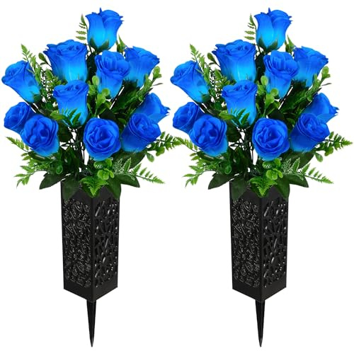 Kukooka Artificial Cemetery Flowers, Grave Memorial Flowers, Set of 2 Artificial Rose Bouquet with Vase for Cemetery Headstones Gravesites Decoration (Blue)