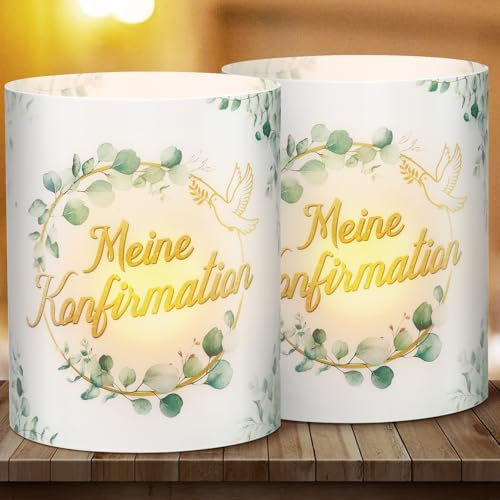 BETESSIN 12x Windlichter 'Meine Konfirmation' - Eukalyptus Design - Transluzentes PVC - 10x8 cm - Set für Tischdeko & Geschenk