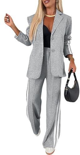 CHICME 2025 - Completo da donna in due pezzi, con blazer e pantaloni a righe con bottoni laterali e tasche, set di abiti casual da lavoro, Grigio chiaro, Large