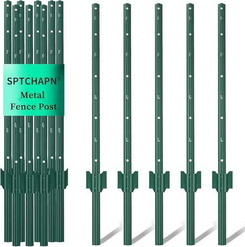 Sptchapn 91cm / 3ft Metal Fence Post, Pack of 5, Strong and Durable U-Fence Post No Digging Green T-Posts forYard, Garden Patio, Outdoor Wires (5)