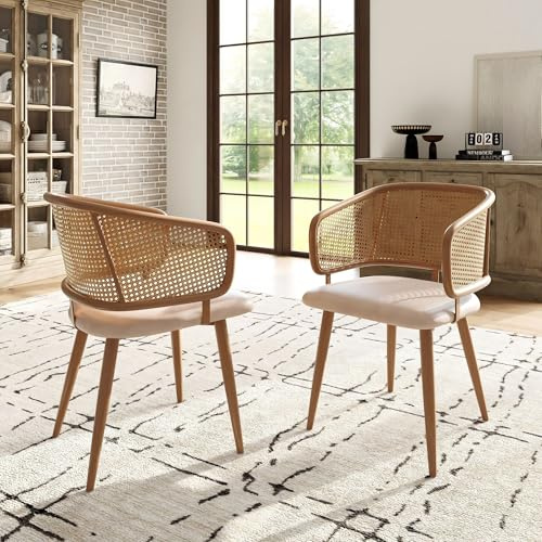Rosebibi Sillas de comedor con respaldo de ratán, cojín de piel sintética, cómodo y transpirable, estilo moderno y sencillo, adecuado para restaurantes, salas de estar y cafeterías (2)