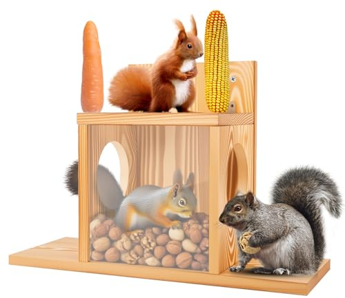 Squirrel Feeders for Outdoors,Wooden Squirrel House,Top Lid Opens for Easy Filling of Peanuts and Corn,Wall Mount Funny Squirrel Feeder,Attracting Squirrel and Chipmunk for Garden Decor