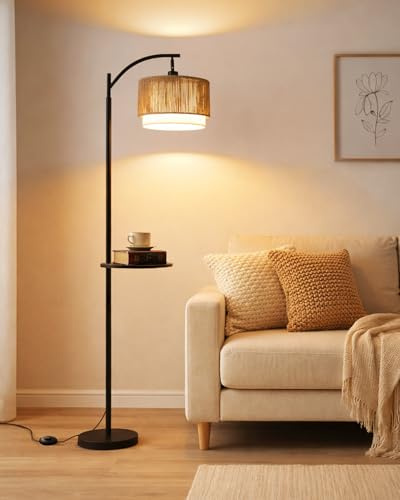 Wio-Mio Lámpara de Pie de Ratán con Mesa, Lámpara de Suelo para Sala de Estar, Lámpara de Pie con Interruptor de Pie, Lámpara de Pie Boho Negra, Pantalla Doble de Tela, 3 Temperaturas de Color