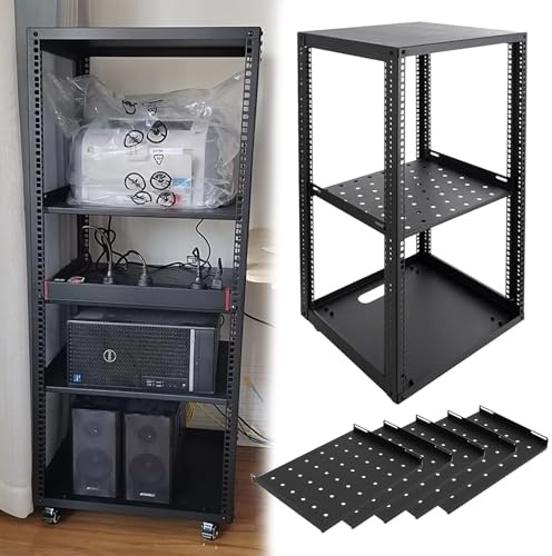 Serverställ med öppen Ram Justerbart Serverställ med Öppen Ram och Hjul, 10 12 15 18 20U Nätverksställ med Hyllor, Utrustningsskåp med Rullställ för IT och AV-utrustning(18U,5 tier)
