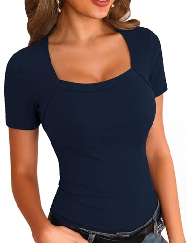 Aottori Summer Short Sleeve T Shirt for Women UK Square Neck Top Basic Ribbed Base Layer Undershirt Fitted Stretch Knit Tee Plain Soft Tunic Tops Navy Blue L