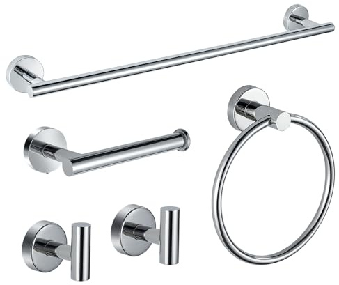 Juego de Accesorios de baño cromados, 5 Piezas, Barra de Toalla de Acero Inoxidable SUS304 de 24 Pulgadas, Soporte de Papel higiénico, Anillo de Toalla, Ganchos para Bata, Accesorios de baño montados