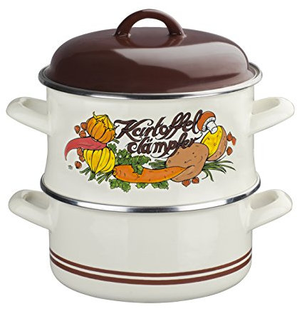 GSW 565059 EMAILLIERTER Kartoffeldämpfer mit Deckel 18cm, Emaille, beige mit dekoration, 18 cm, 3-Einheiten