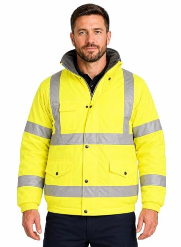 shelikes Men's Hi Vis Bomber Jacket Waterproof High Viz Workwear Coat Hooded Padded Security Safety Jacket with Pockets Reflective Tape & Fleece Lining