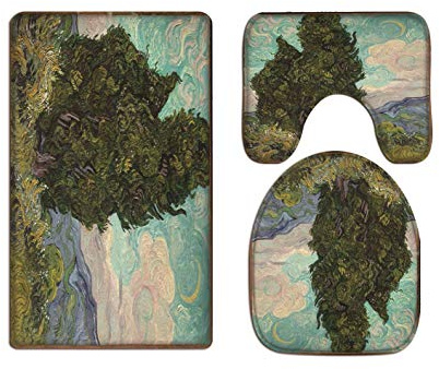 A.Monamour Set Tappeti Bagno 3 Pezzi Completo Cipressi Di Vincent Van Gogh Dipinti Ad Olio Antiscivolo Morbidi Assorbente Lavabile Tappetini per Il Bagno WC Bidet