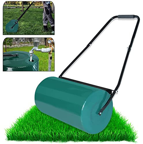 YARDIN Rodillo de césped para jardín, 57 cm, 46 L, volumen de llenado, rellenable con agua y arena, rodillo de metal, rodillo de mano con deflector de suciedad para césped y campo, color verde