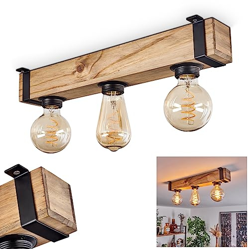 HOFSTEIN Deckenleuchte Montgomery - Moderne Deckenlampe aus Metall/Holz, Schwarz/Natur, Retro/Vintage Industrial-Style, 3-flammig, E27-Fassung, Wohnzimmer Holzbalken Lampe, Flurlampe, Küchenlampe