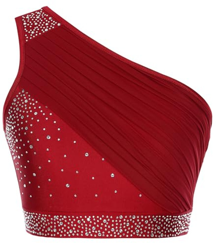 CHICTRY Crop Top da Danza di Ventre per Donna Reggiseno con Volant con Una Spalla Paillettes Canotta Canottiera Senza Manica Tank Top da Ballo Latino Jazz Borgogna L