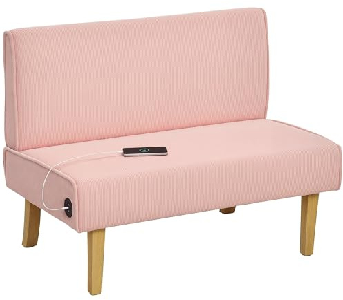 HOMCOM Sofá de 2 Plazas con 2 Puertos USB 1 Puerto Tipo-C Tapizado en Pana Sofá de Salón sin Brazos con Asiento de 20 cm y Patas de Madera Carga 220 kg 110x60x85 cm Rosa