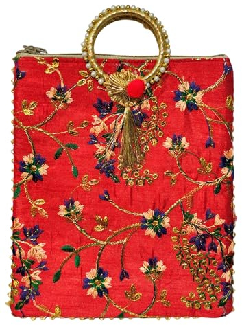 EliteKoopers Indian Thread Work Embroidery Women Handbag/Purse/Clutch/Tote Bag for Haldi Mehendi Wedding Favours, Gifting, Christmas (Red)