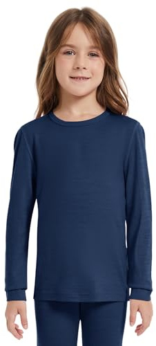 woolcano Camiseta térmica infantil unisex, 100% lana merino, camiseta de manga larga para niños y niñas, ropa interior de esquí de invierno, suave y cálida, azul marino, 7-8 años