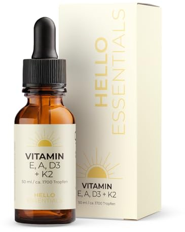 HelloEssentials ADEK Tropfen enthalten die fettlöslichen Vitamine A, D3, E und K2 (MK-7 all-trans) in hochwertigem MCT-Kokosöl. Laborgeprüft, vegan – 50 ml = ca. 1700 Tropfen.