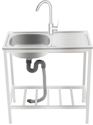 Free Standing Kitchen Sink Outdoor Utility Sinks Single Bowl with Bottom Storage Shelf and 360° Rotatable Faucet Stainless Steel Laundry Hand Washing Station Load 30kg