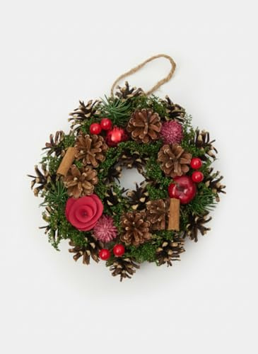 Ghirlanda Decorativa Natalizia Ø 22 cm x 9 cm – Con Pigne, Bacche Rosse, Fiori e Cannella – Corona da Porta o Parete – Addobbo Naturale per Casa e Ingresso