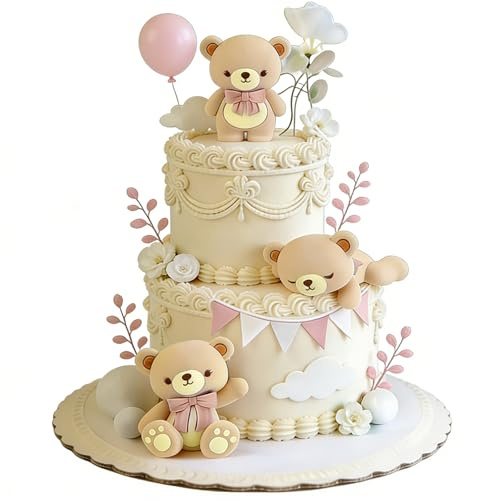 Decoracion Tarta Oso, 12 PCS Osos Cake Topper, Decoración de Pastel Oso, Blanco Y Rosa Decoracións Esférica para Tarta, Decoracións Ideal para Una Fiesta de Cumpleaños con Temática de Osos