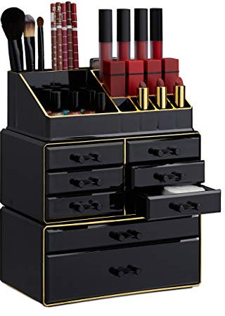 Relaxdays 1x Organizer Make-up con Cassetti, Contenitore Impilabile con Porta-Rossetti, in Acrilico, Nero Oro
