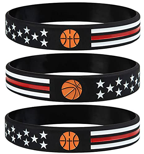 Sainstone Basketball Inspirational Silicone Bracelets with American Flag, Thin Red Line Motivational Rubber Wristbands Gifts for Patriots, Men, Women, Youths Teens and Sport Fans (Unisex)