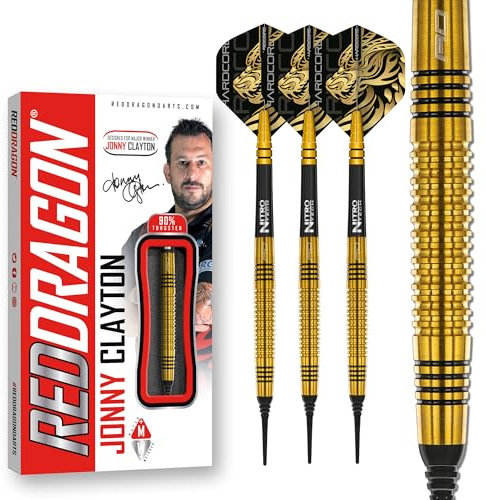 RED DRAGON Jonny Clayton Gold 18 Gram Softip Professional Tungsten Dartpfeile Set mit Flights and Schäfte (Stems)