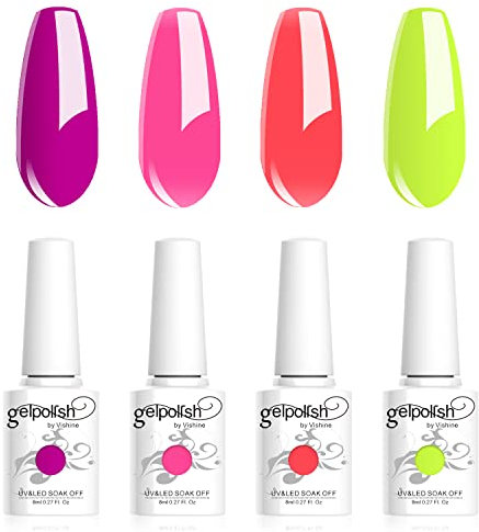 Vishine Vernis Gels Semi-Permanents, Lot de 4 Couleurs Fluo,Néon Fushia,Rose,Orange,Jaune Collection Nail Art Vernis à Ongles UV LED Gel Polish Varnish Manucure 8ml C029