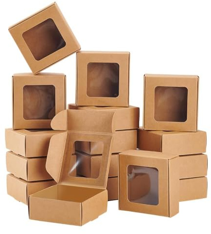 BENECREAT 36-pack kraftpapperslåda med genomskinliga fönster, 7,5 x 7,5 x 3 cm | Presentförpackningslåda, halloween godislåda, lätt att montera och mini, för bageri kakor kaka godis bröllopsfest gåvor, brun