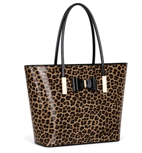 kukubird Women's Top-Handle Black Large Tote Bag Handbag Simple Shoulder Bag with Zipper for School Work Leisure-Leopard