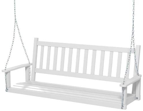 COSTWAY Banco Columpio de 2-3 Plazas, Banco Colgante de Jardín, Madera de Álamo, Cadenas Ajustables de 170cm, Respaldo de Listones (168 x 65 x 63 cm, Blanco)