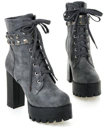 ENWIND Botas Militares Mujer Botines de Tacón Alto Plataforma Moda Invierno Botas Cortas con Cordones y Cremallera,Gris,35 EU