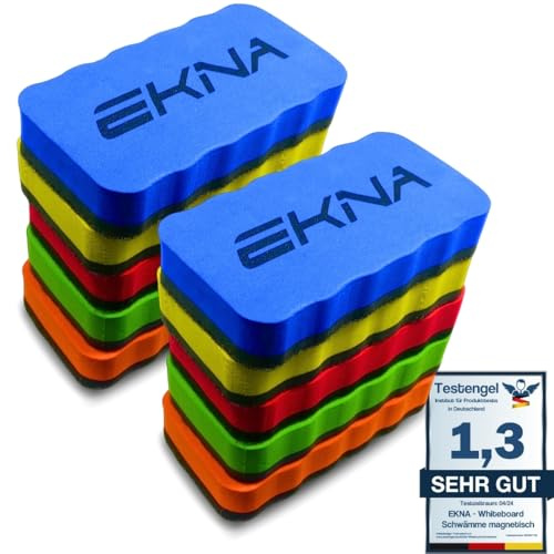 EKNA 110 x 55 mm esponja para pizarra blanca – 10 rotuladores de colores – Esponja para pizarra blanca y pizarra – Borrador de pared para limpieza en seco de rotuladores, bolígrafos y tiza (juego de