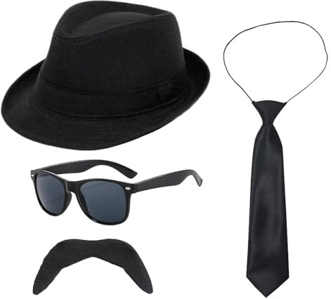 UILYNIU 4 Stück Gangster Kostüm Herren 1920s Jahre Herren Accessoires Schwarz Hut Gläser Krawatte Schnauzbart, Mafia Gatsby Panama Gangster Hut Erwachsene Kostüm fur Halloween Karneval (Schwarz)