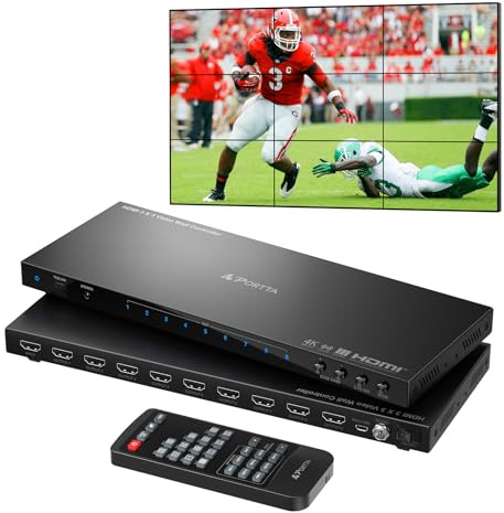 Video Wall Controller 3x3 4K, PORTTA HDMI Video Wall Processor with 19 Splicing Modes, RS232, 180° Rotate, Audio Extractor, 3x3, 3x2, 2x3, 2x2, 4x2, 2x4, 1x2, 2x1, 9 TV Screens into 1 Wall Display