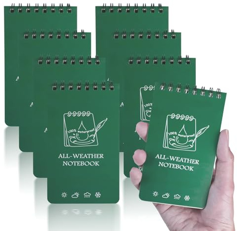 CXRYLZ-FUR 8 Pièces Carnets Étanches, 3 x 5 Pouces All Weather Notebooks Bloc-Notes Spirale, Imperméables Cahier de Note de Poche pour les Activités de Plein Air Records et Tactique Field (vert)