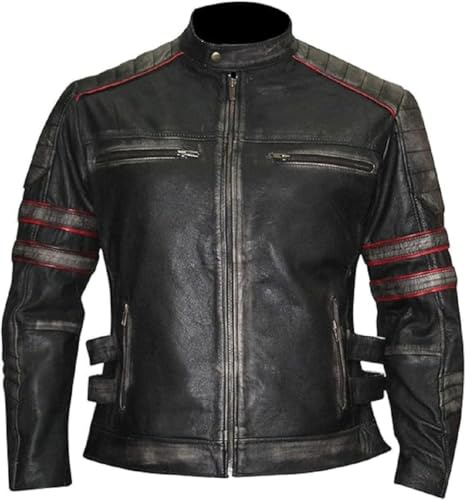 TRESSANO Mens Cafe Racer Motorcycle Retro Biker Distressed Black Vintage Leather Jacket, Distressed Black, 3XL
