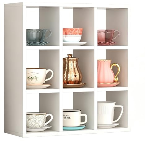 Helsin 9 Grid Vintage Coffee Mug Display Rack, 16inch Wall Mounted Wooden Curio Shadow Box Shelf, Cup Floating Shelves Display and Organizer (White)