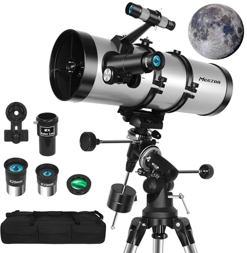 MEEZAA Telescopio Astronómico Adultos, 150EQ Newtoniano Reflector Telescopio Profesional Portátil Principiantes con Montura Ecuatorial, Trípode, Adaptador Teléfono, Filtro Lunar y Bolsa de Transporte
